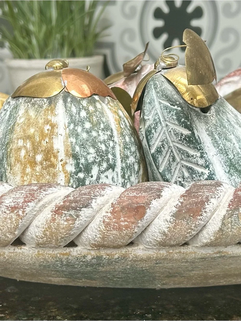 Vintage Handmade Terracotta Rope Bowl & Mixed Media Brass Fruit Set - 7 Pc